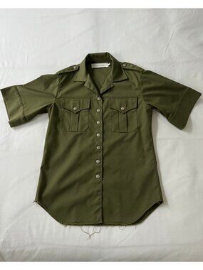 Marques' Almeida "Safari" Twill Button-Down Shirt | Sz S | Olive Green | Raw Hem